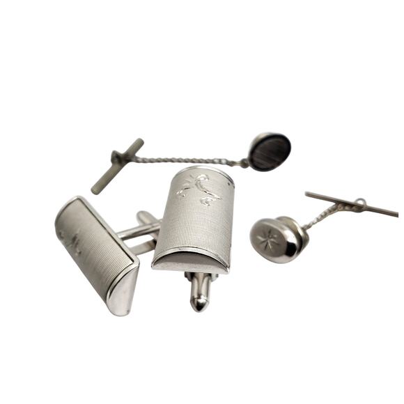 Swank Cufflinks & Tie Tacks Brushed Silver Tone Etched Vintage Mens Jewelry 80s - Picture 2 of 16